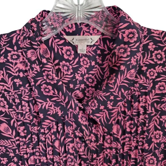 Nanette Lepore 12 Dress Floral Cottage Prairie Fit Flare Button Front Navy Pink - Picture 5 of 12
